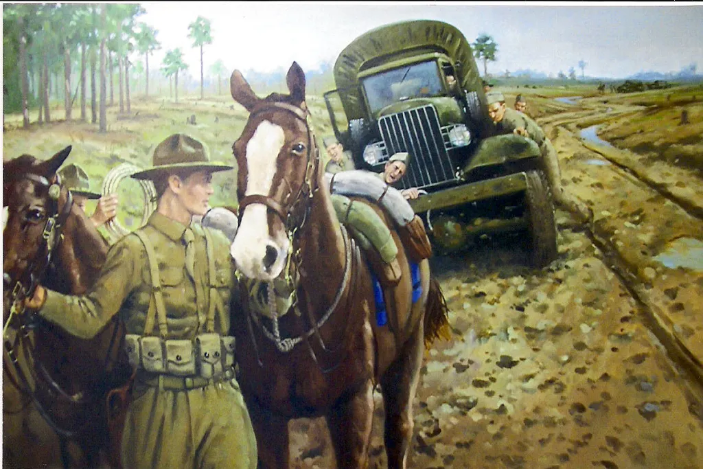 Painting named "Muddy Maneuvers" that is displayed at Fort Polk depicting a cavalry mount pulling a stuck army truck out of the ditch during the maneuvers. (Ft. Polk Cultural Resources)