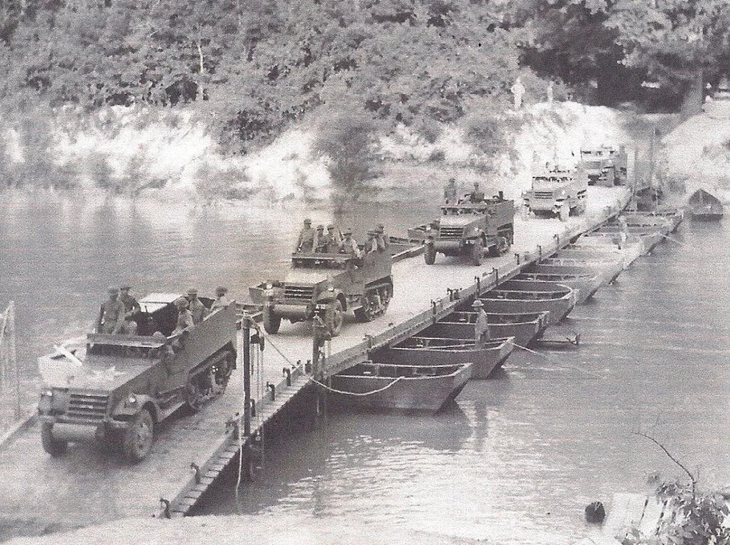 Halftracks crossing the Sabine River west of Converse, La. (Robertson Collection)