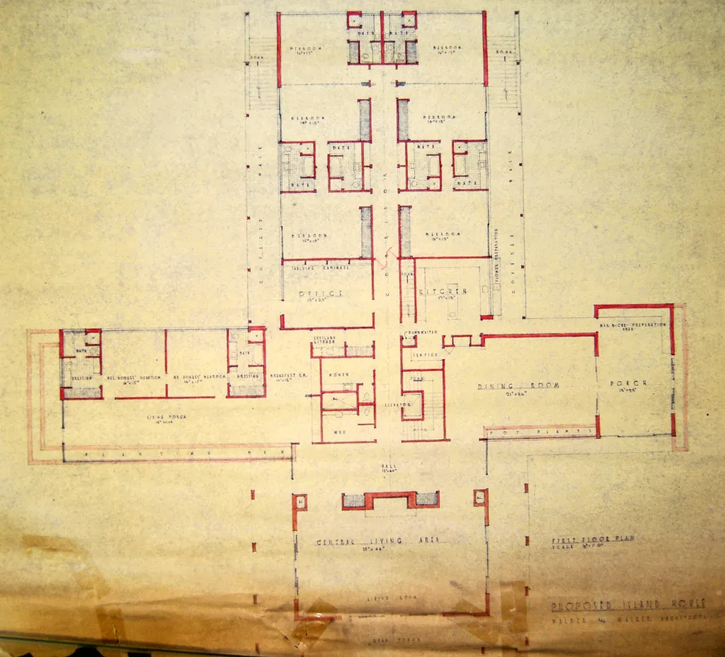 Hodges Residence, upstairs floor plan, Walker &#x26; Walker Architects. The central living area occupies the south wing, master suites occupy the west wing, and the dining room and porch/porch kitchen occupy the east wing. Restrooms are located near the intersection of the four wings while additional bedrooms/baths occupy the north wing. From Exploring Hodges Gardens website. Photo credit- Hodges Foundation.