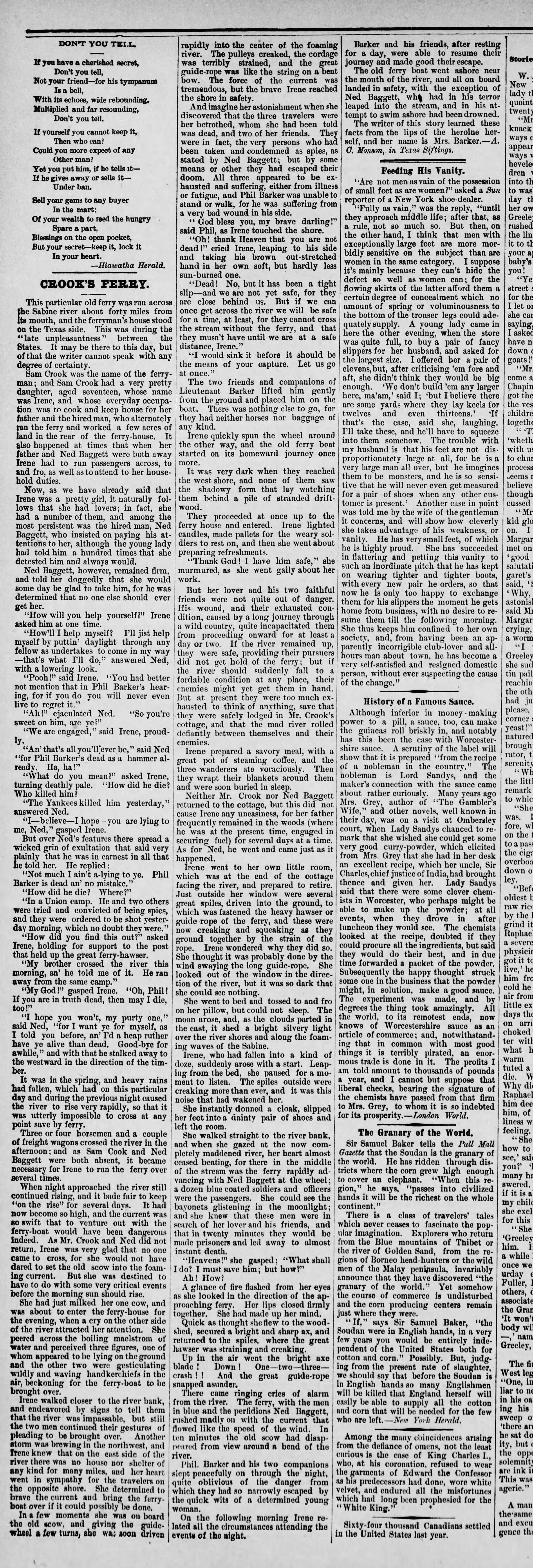 Crook&#x27;s Ferry, from The Daily Republican in Pennsylvania, 1884