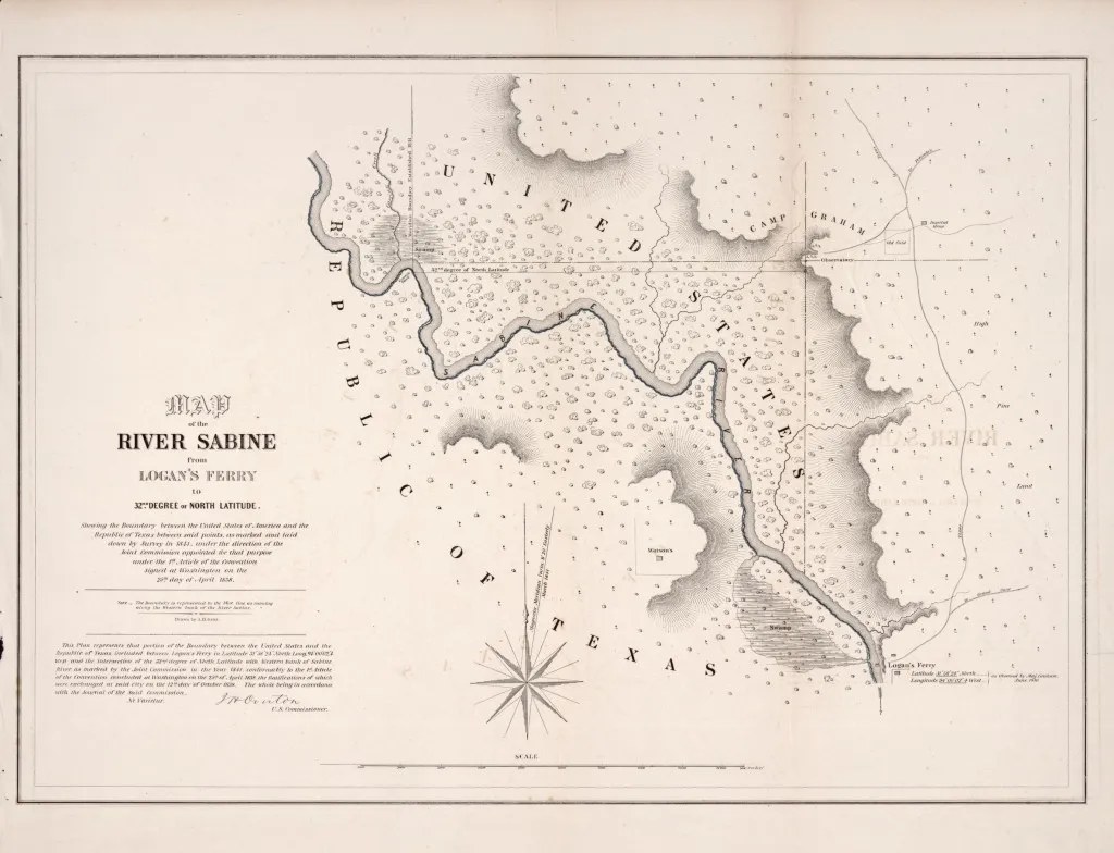 From the Library of Congress, Map of the river Sabine from Logan&#x27;s Ferry to 32nd degree of north latitude : shewing the boundary between the United States of America and the Republic of Texas between said points, as marked and laid down by survey in 1841, under the direction of the Joint Commission appointed for that purpose under the 1st article of the convention signed at Washington on the 25th day of April 1838 