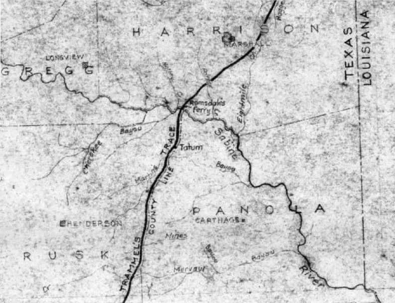 As can be seen in the map above, Trammel’s Trace crossed the Sabine at Ramsdale’s Ferry, not at Walling’s Ferry, and then continued following the modern-day boundary between Rusk and Panola Counties, which caused the path of Trammels Trace to go through Tatum, not what is now Easton.  From nonjohn.com