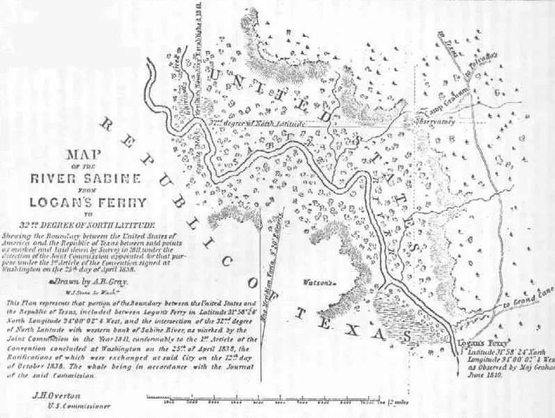 Early Map of the Sabine River from Logans&#x27;s Ferry to the 32nd Degree of North Latitude.  From Town of Logansport&#x27;s website.