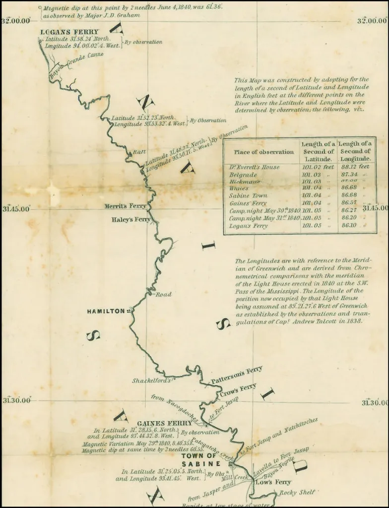 1840 map of Sabine River as eastern boundary of Texas.  This particular section of River borders Shelby County and extends down to a bit past Gaine&#x27;s Ferry.