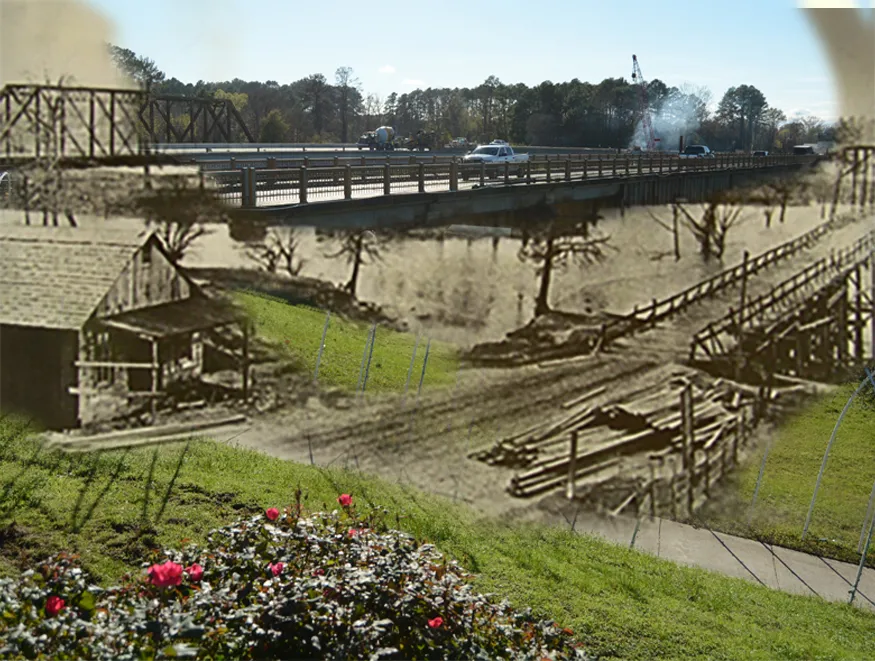 Looking towards Sabine River from Logansport, Louisiana... Early 1900s and in 2015