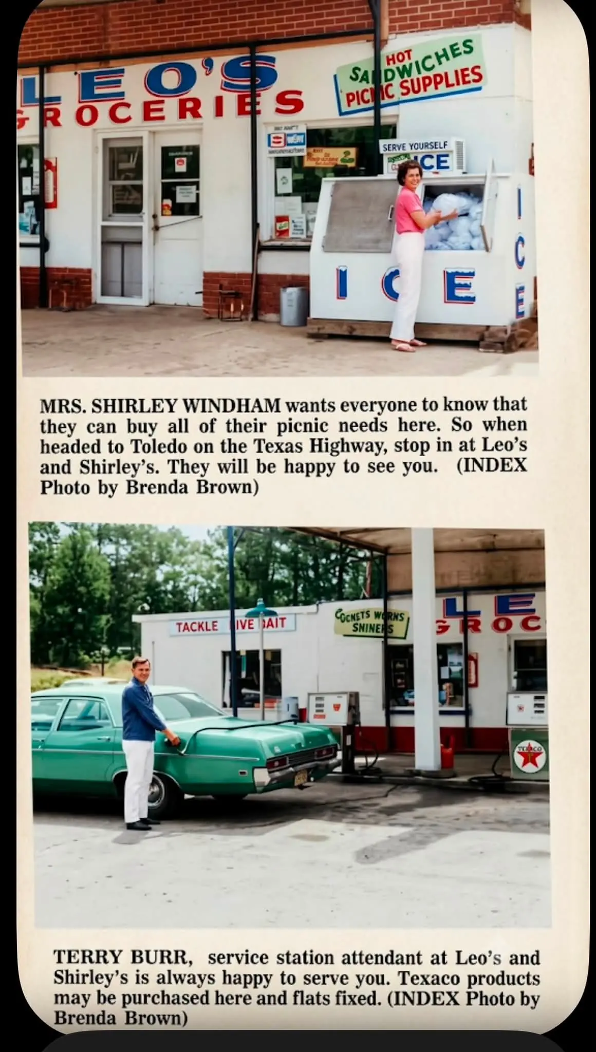 Photograph from the Facebook post “Blast from the Past … 1971, Leos and Shirley’s Texaco Station and Groceries on Texas…”