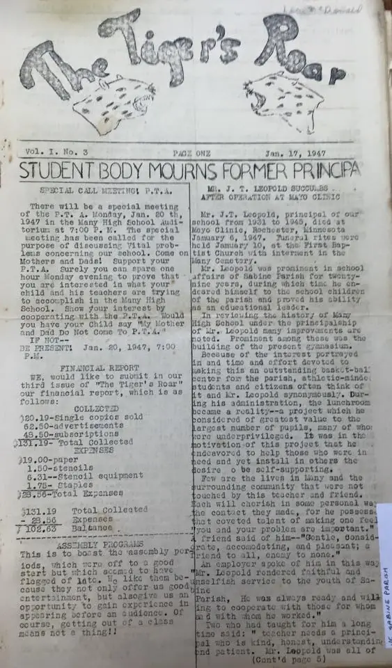 Photograph from the Facebook post “1947 Many School newsletter with some articles enlarged”
