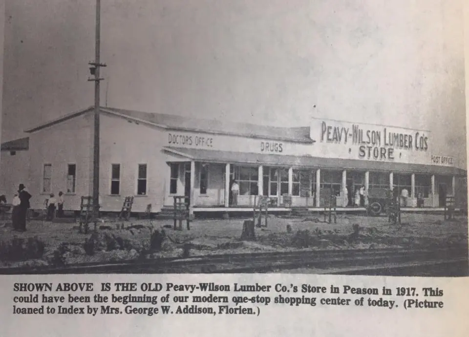 Photograph from the Facebook post “1917 Peavy Wilson Lumber Company Store in Peason”