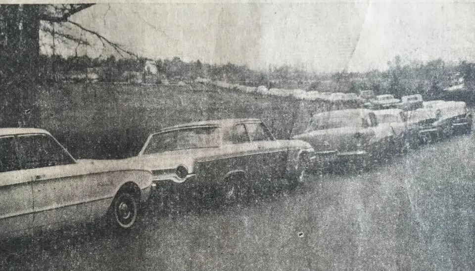 Photograph from the Facebook post “1966- The cars of picketers line Hwy 171.”