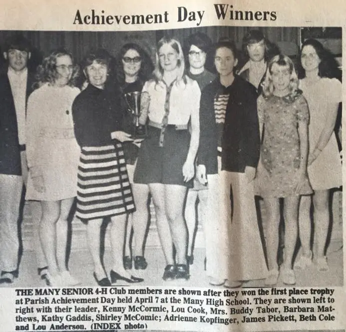 Photograph from the Facebook post “Sabine Parish 4-H achievement day winners in 1973”