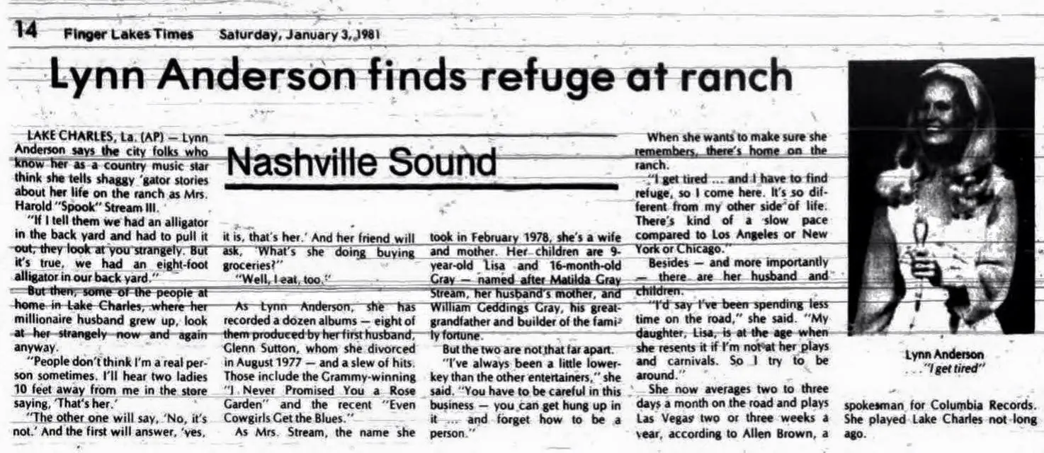 Photograph from the Facebook post “Article published in The Lake Charles American Press, back when country singer Lynn…”