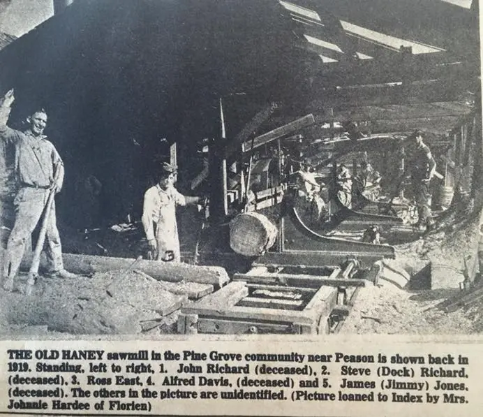 Photograph from the Facebook post “1919 Old Haney Sawmill near Peason”