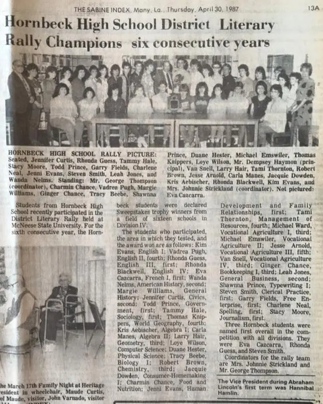 Photograph from the Facebook post “Hornbeck High Literary Rally, 1987”
