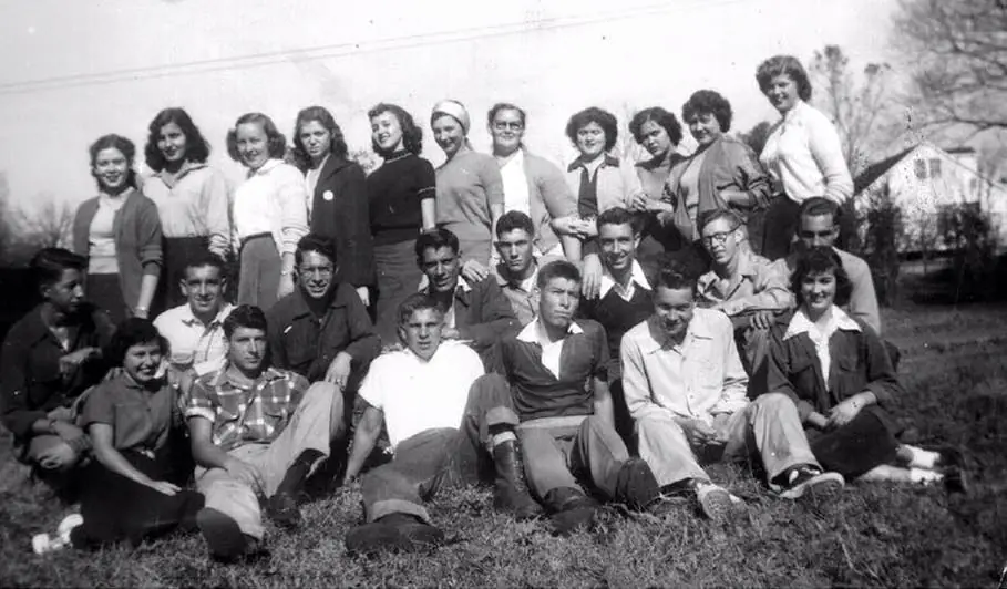 Photograph from the Facebook post “Zwolle High Seniors, 1954 Bottom row: Wanda Sands, Frank Ebarb, Charlie Laroux, Wilbert…”