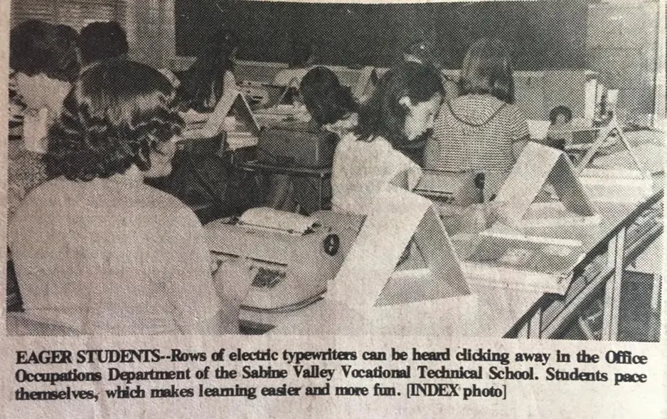 Photograph from the Facebook post “Office Occupations Department at Sabine Valley Vocational Technical School, 1978”