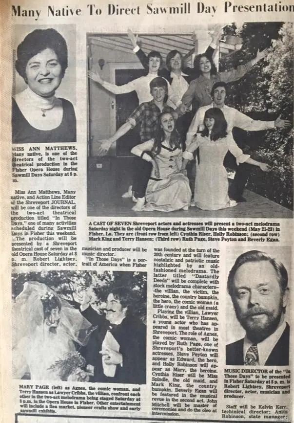 Photograph from the Facebook post “1976, theater production at Fisher Opera House, directed by Ann Matthews…”