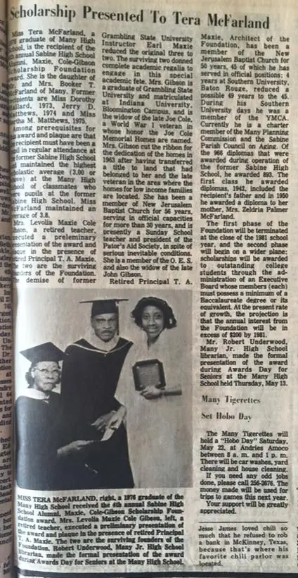Photograph from the Facebook post “Tera McFarland, 1976 graduate of Many High School”