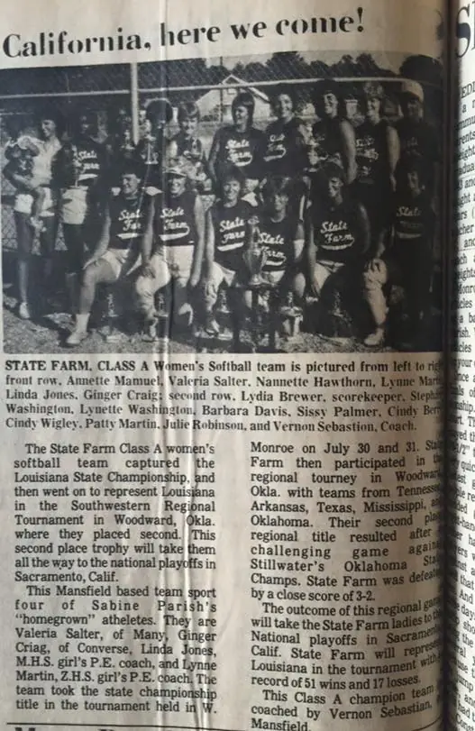 Photograph from the Facebook post “State Farm Class A Women's Softball team of Many.”