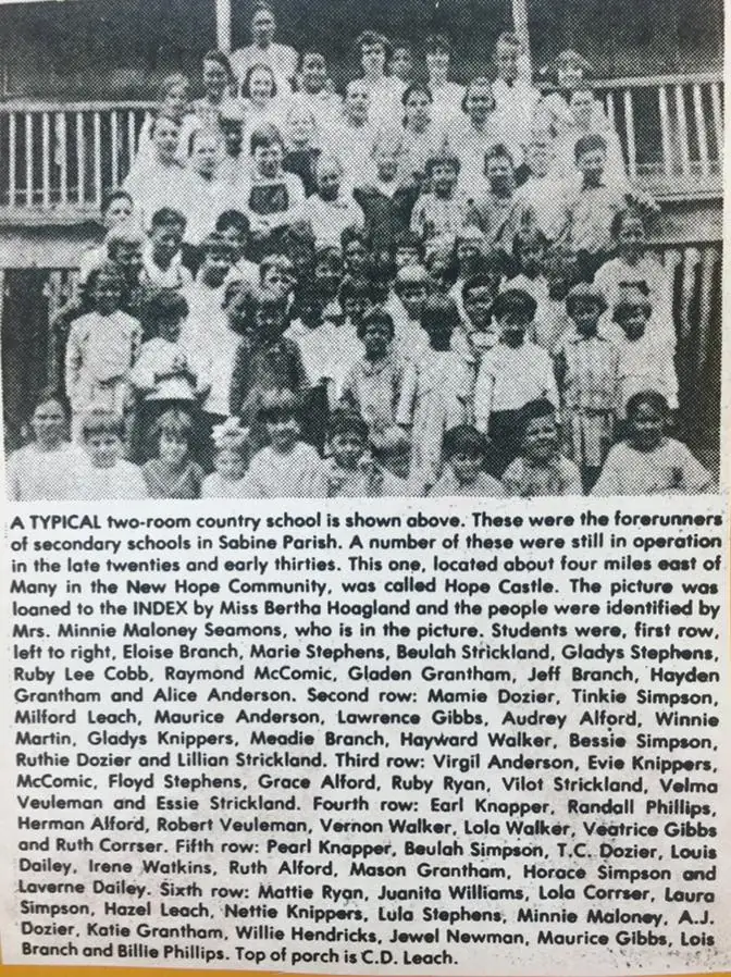 Photograph from the Facebook post “Hope Castle School, just east of Many and near current day New Hope Comminity.”
