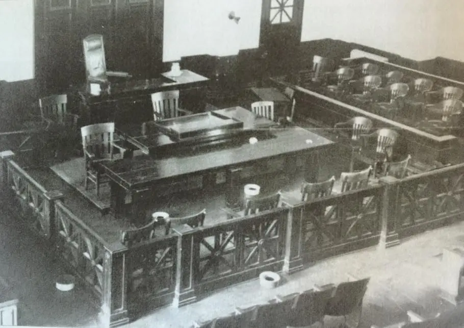 Photograph from the Facebook post “Inside the courtroom of Sabine Parish's third courthouse (the one before the one that is…”