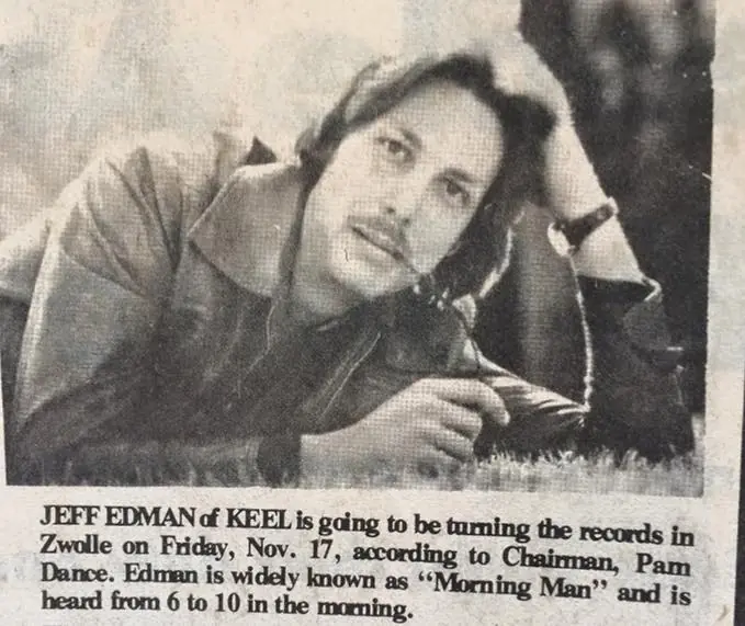 Photograph from the Facebook post “Jeff Edman, Morning Man at KEEL coming to Zwolle to spin favorite tunes at disco…”