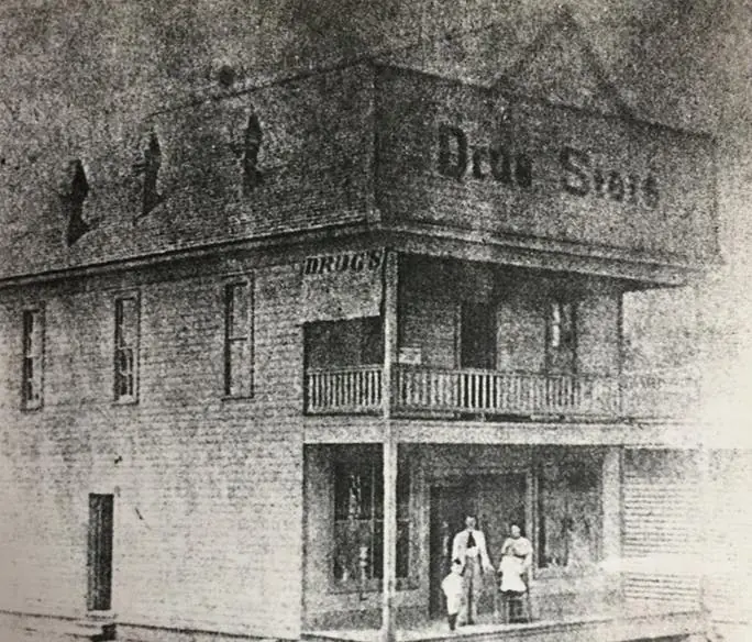 Photograph from the Facebook post “Many's first drug store was established, owned and operated by Dr.”