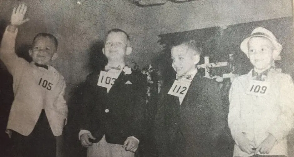Photograph from the Facebook post “Competing for the top prize in Tiny Tot Easter Pageant in 1957 were, from left, Bruce…”