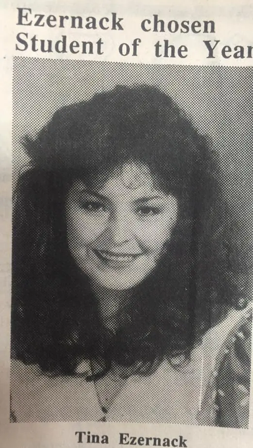 Photograph from the Facebook post “1988, Tina Ezernack chosen as Student of the Year #1988StudentoftheYear”