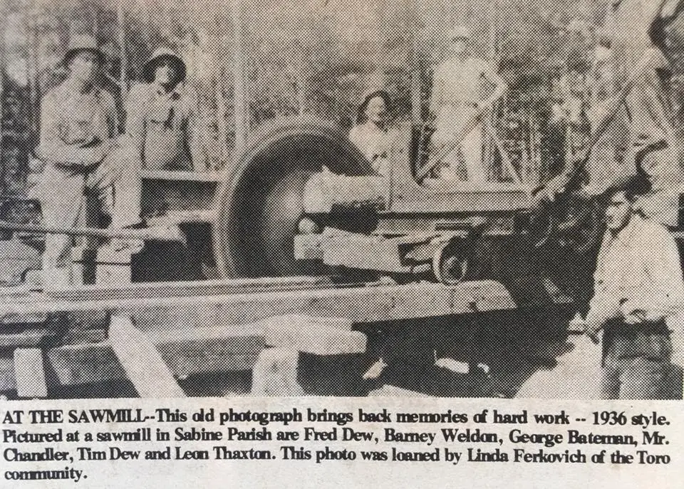 Photograph from the Facebook post “Hard work at a sawmill in Sabine Parish in 1936.”