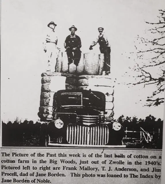 Photograph from the Facebook post “Toting bales of cotton out of the Big Woods near Zwolle in the 1940s”