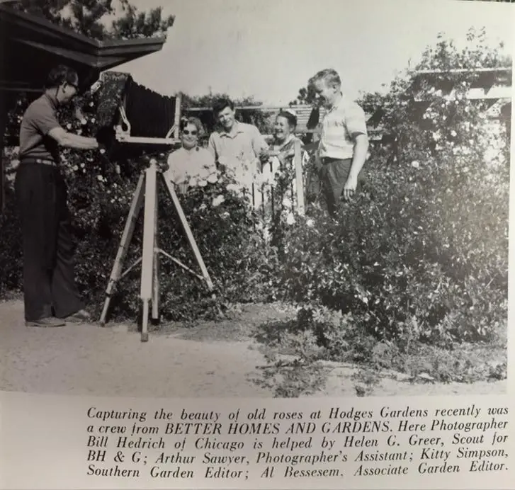 Photograph from the Facebook post “1961, a crew from Better Homes & Gardens on a photo shoot and feature on Hodges Gardens.”