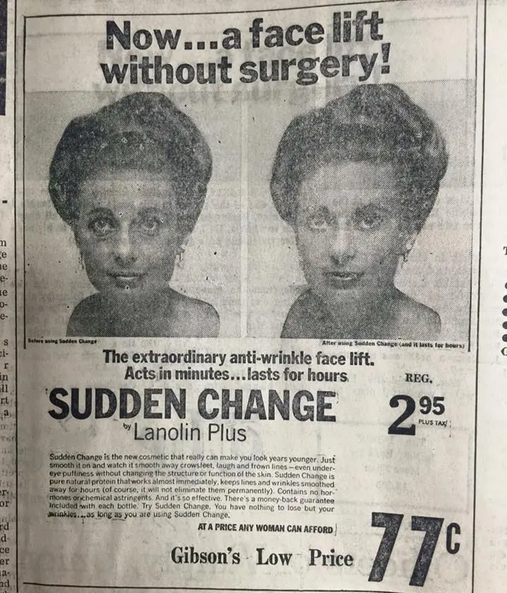 Photograph from the Facebook post “1966 print ad in The local newspaper for the new miracle lotion...”