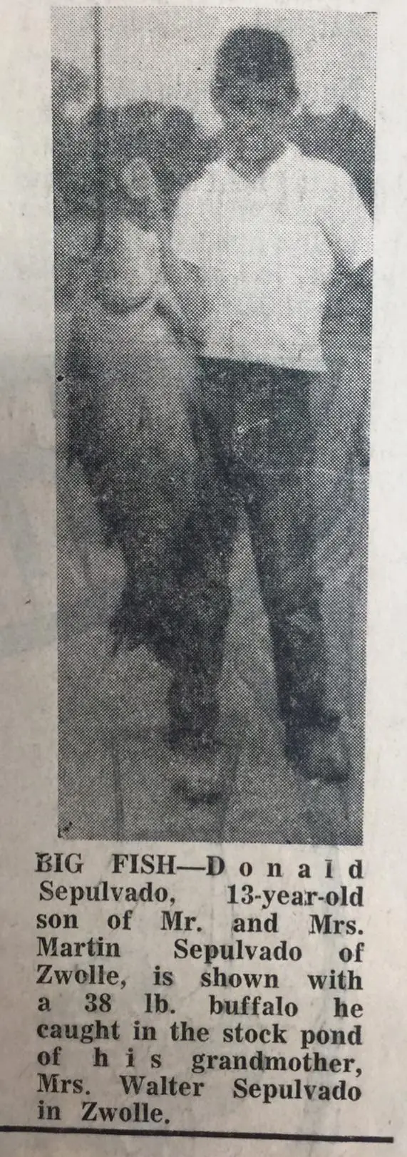 Photograph from the Facebook post “1966, Donald Sepulvado and a 38 lb buffalo fish he caught!”