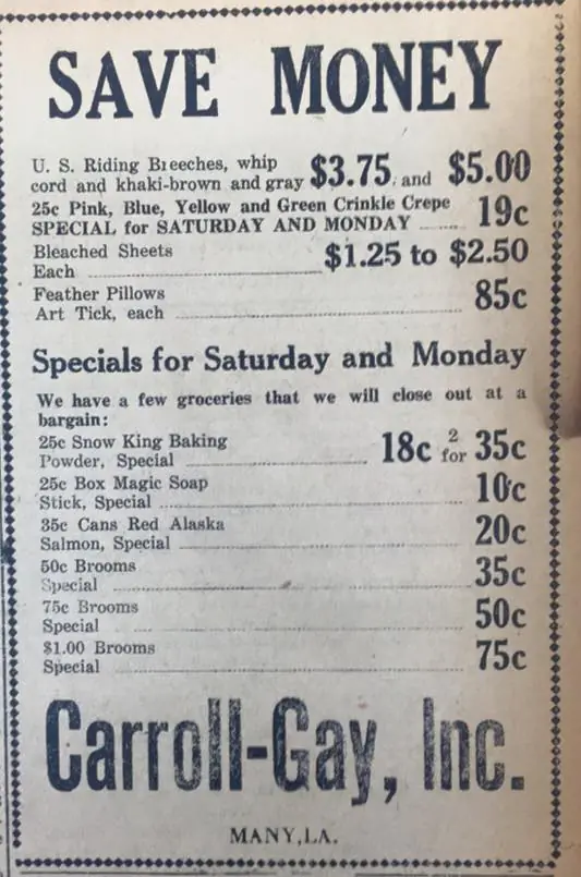Photograph from the Facebook post “1927, Carroll Gay advertisement #newspaperad #vintagegrocery”