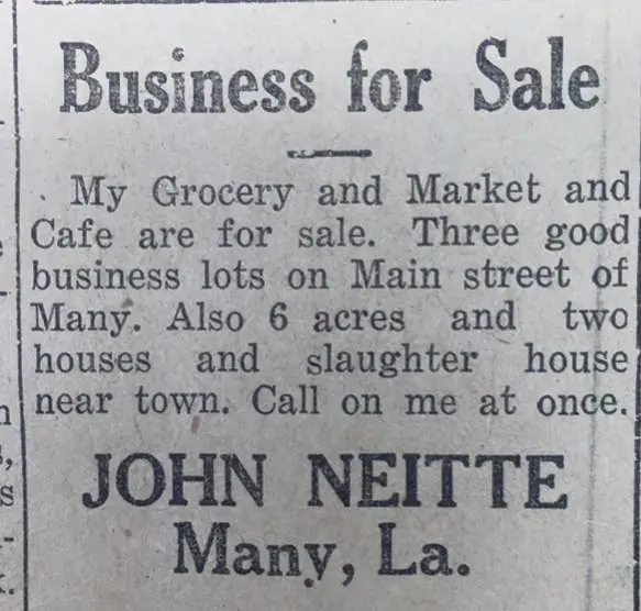 Photograph from the Facebook post “1927 ad in The Sabine Index”