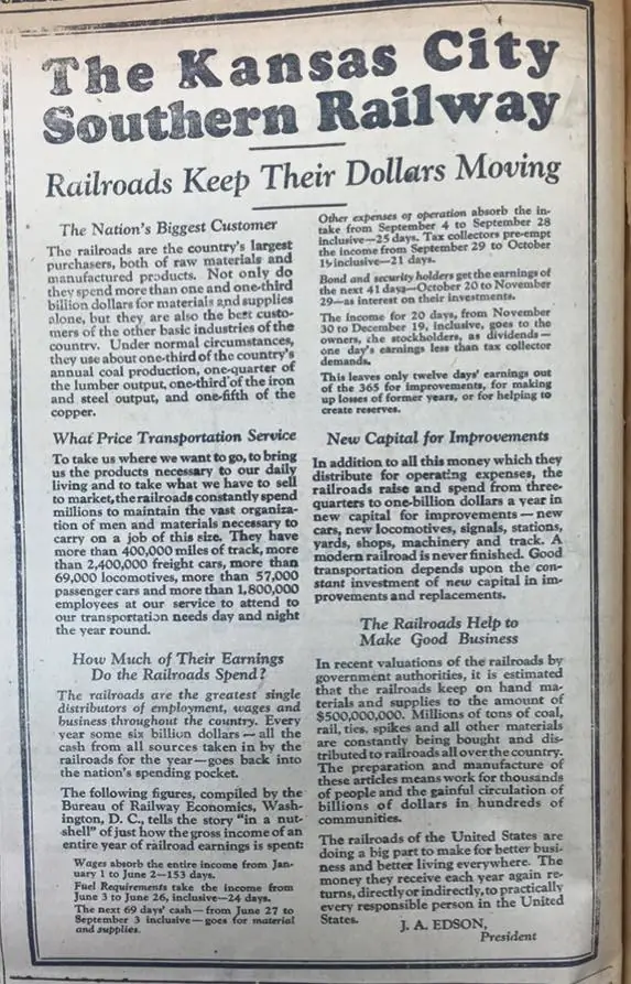 Photograph from the Facebook post “Ad for the Kansas City Southern Railway, 1927”