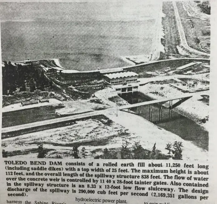 Photograph from the Facebook post “Toledo Bend dam site from the air, 1960s”