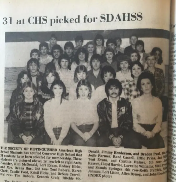 Photograph from the Facebook post “1985, Converse students picked for Students Against Drunk Drivers”