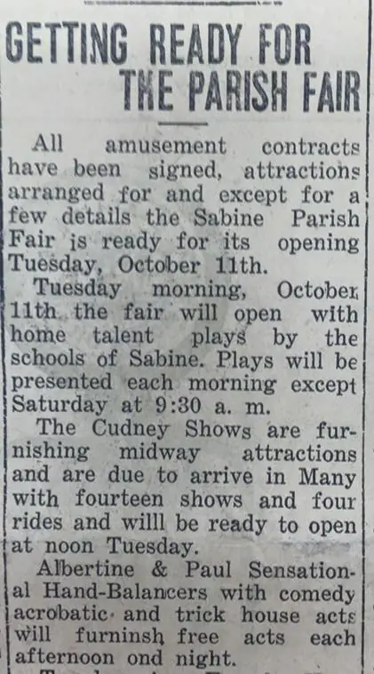 Photograph from the Facebook post “1927, getting ready for the parish fair!!!\ #sabinefair #oldparishfair #oldsabineindex”