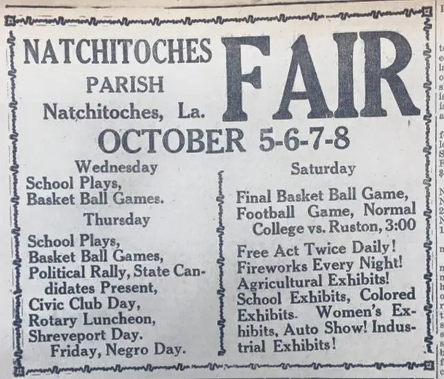 Photograph from the Facebook post “1927 ad for the Natchotoches Fair.”