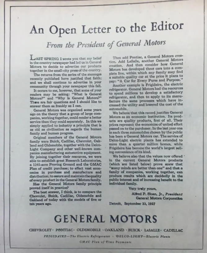 Photograph from the Facebook post “1927 ad by General Motors published in small newspapers including The Sabine Index.”