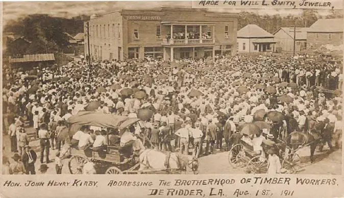 Photograph from the Facebook post “1911, Honorable John Henry Kirby addressing the Brotherhood of Timber Workers, at Bessie…”