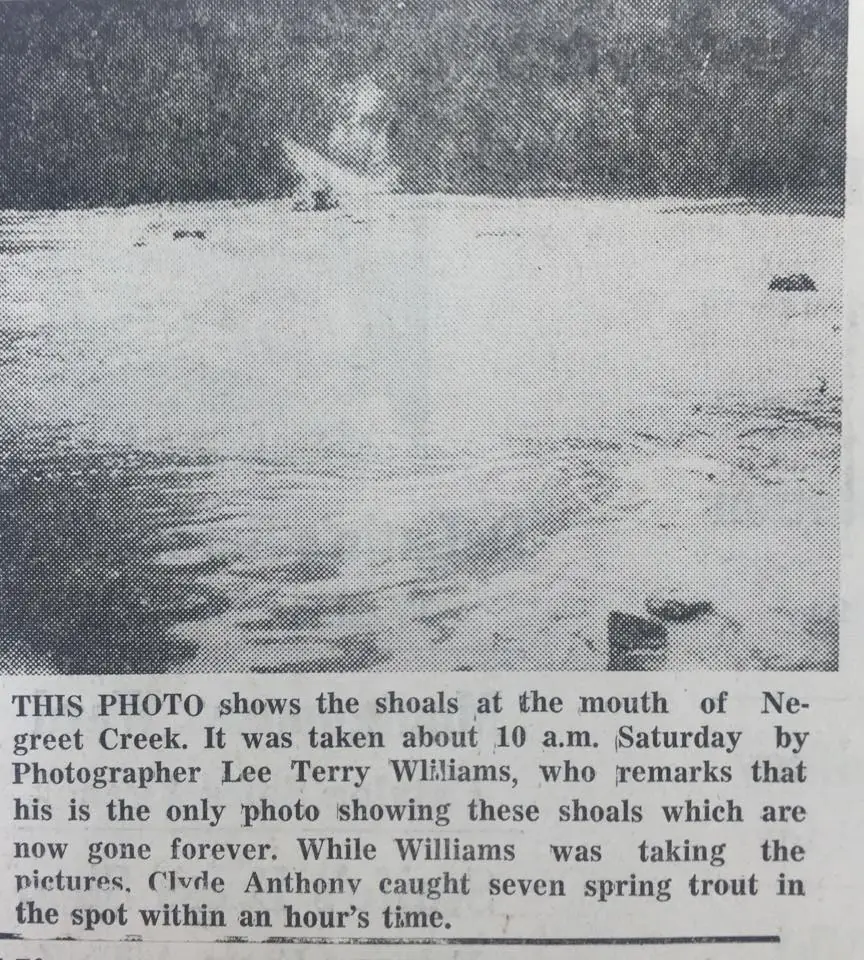 Photograph from the Facebook post “1966, hard to see but in this photo are shoals at the mouth of Negreet Creek.”