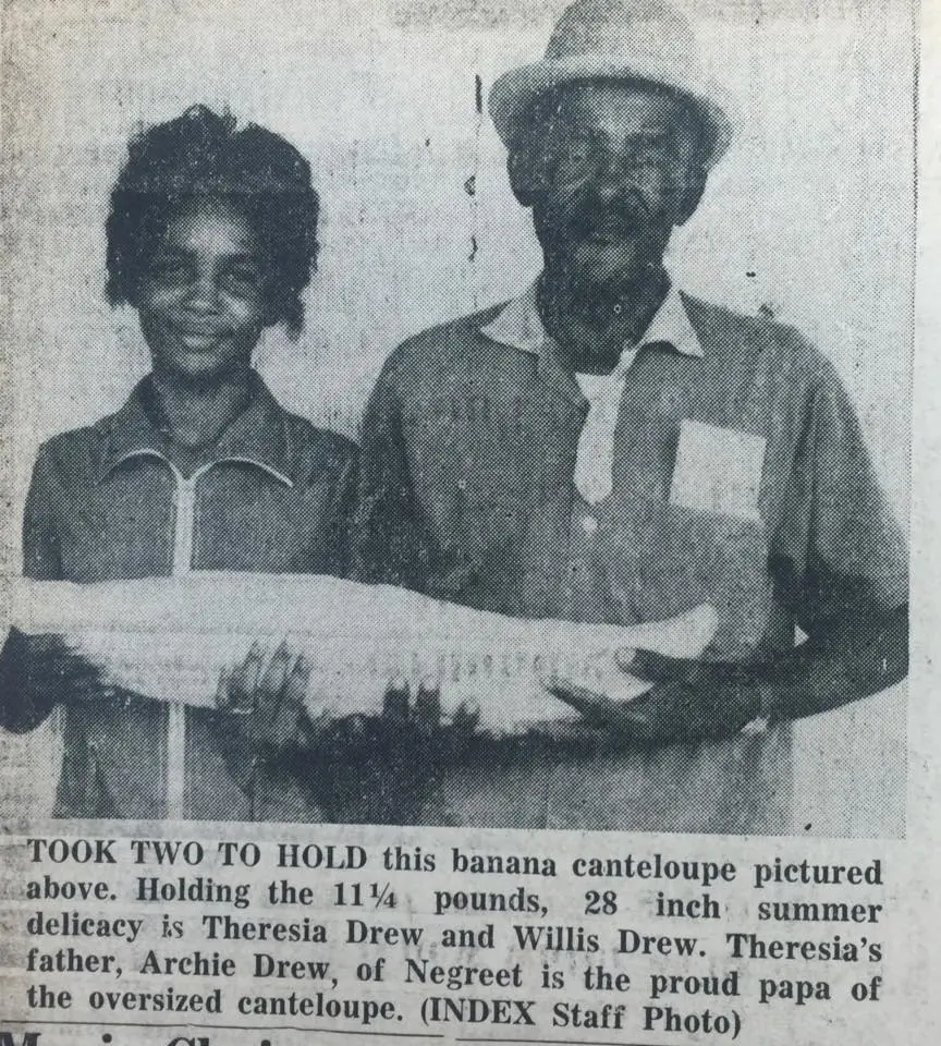 Photograph from the Facebook post “1966 Summer delicacy grown by Theresa Dew and Willis Dew of Negreet.”