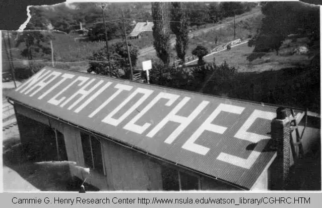 Photograph from the Facebook post “Aerial photo of Natchitoches sign, farm Natchitoches Chamber of Commerce through…”