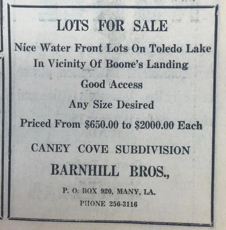 Photograph from the Facebook post “1967 lots for sale on Toledo Bend!”