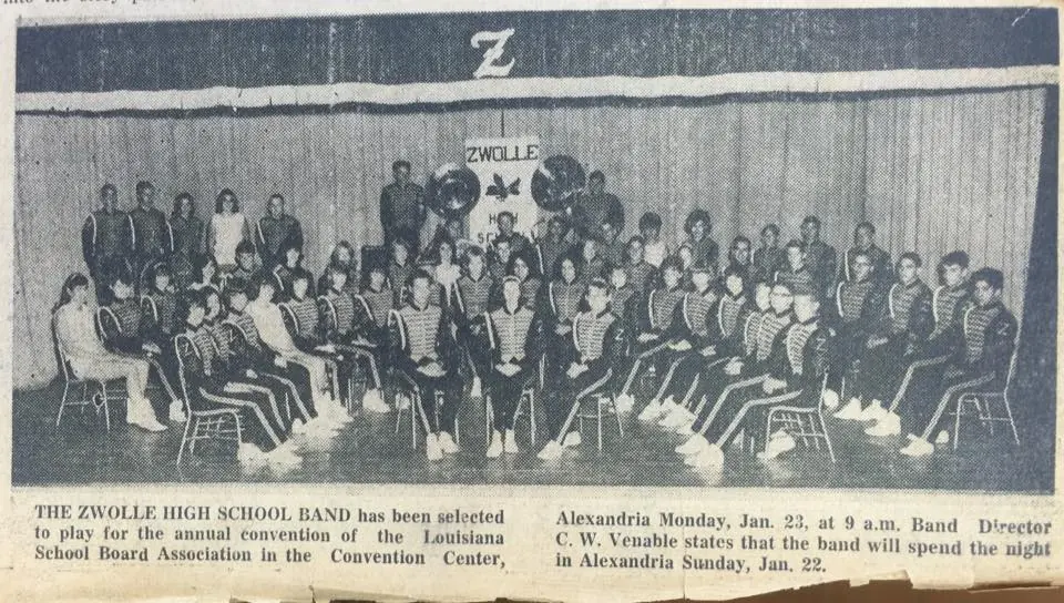 Photograph from the Facebook post “Zwolle High School Band in 1967”
