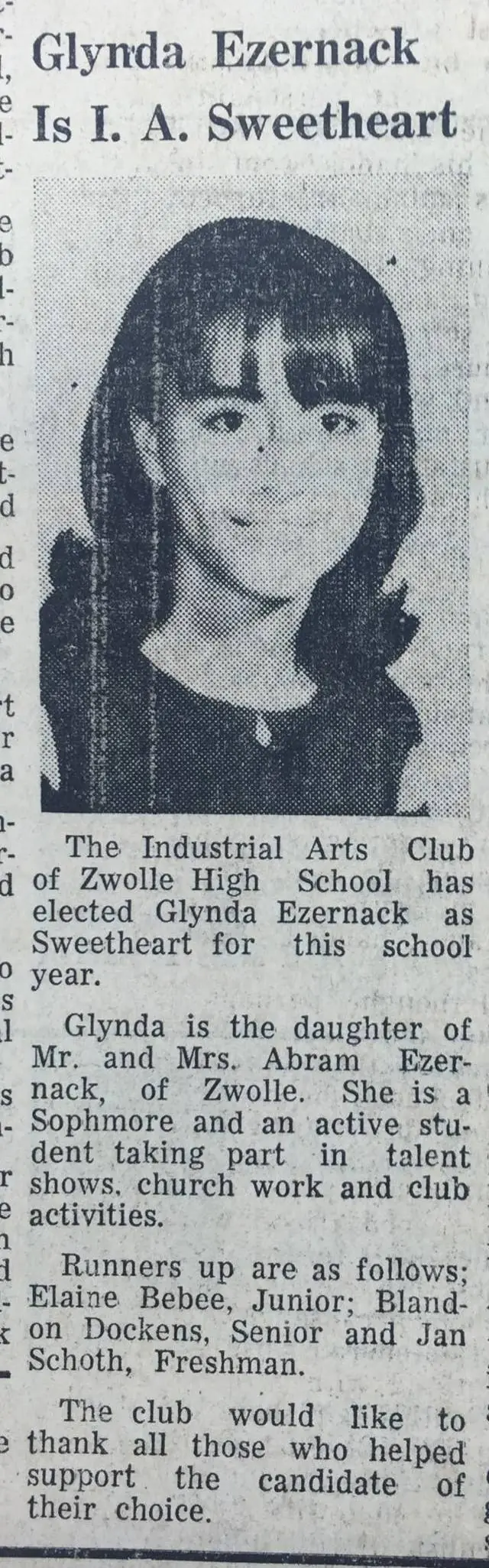 Photograph from the Facebook post “1967 Industrial Arts Sweetheart at Zwolle High #zwolleschool #zwollesweetheart…”