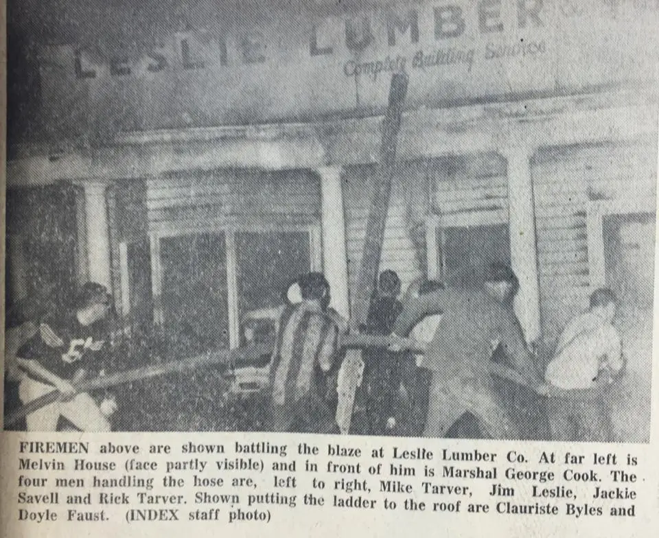 Photograph from the Facebook post “Leslie Lumber fire, 1967”