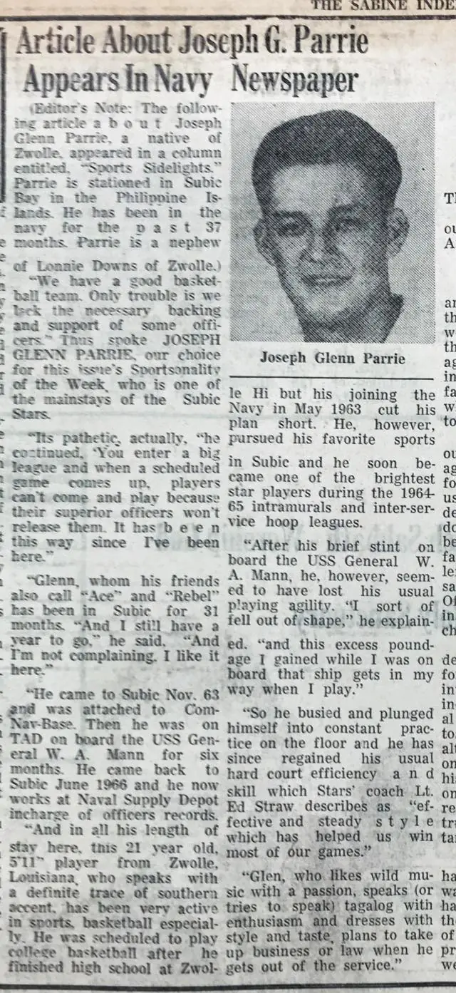Photograph from the Facebook post “Joseph Glenn Parrie featured in Navy news article, 1967”